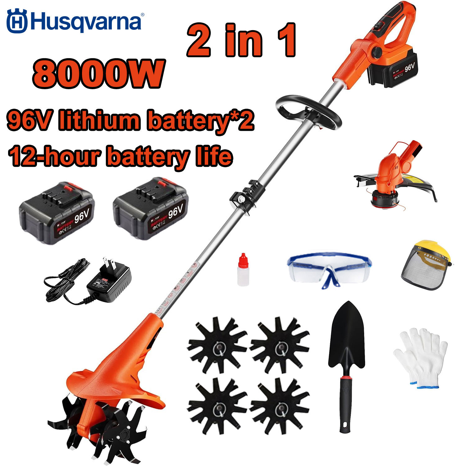 Električni kultivator 2-u-1 od 8000 W + 1 glava za rezanje + 2 baterije od 96 V + brzo punjenje + nož ​​za kultiviranje + kompletan set dodataka