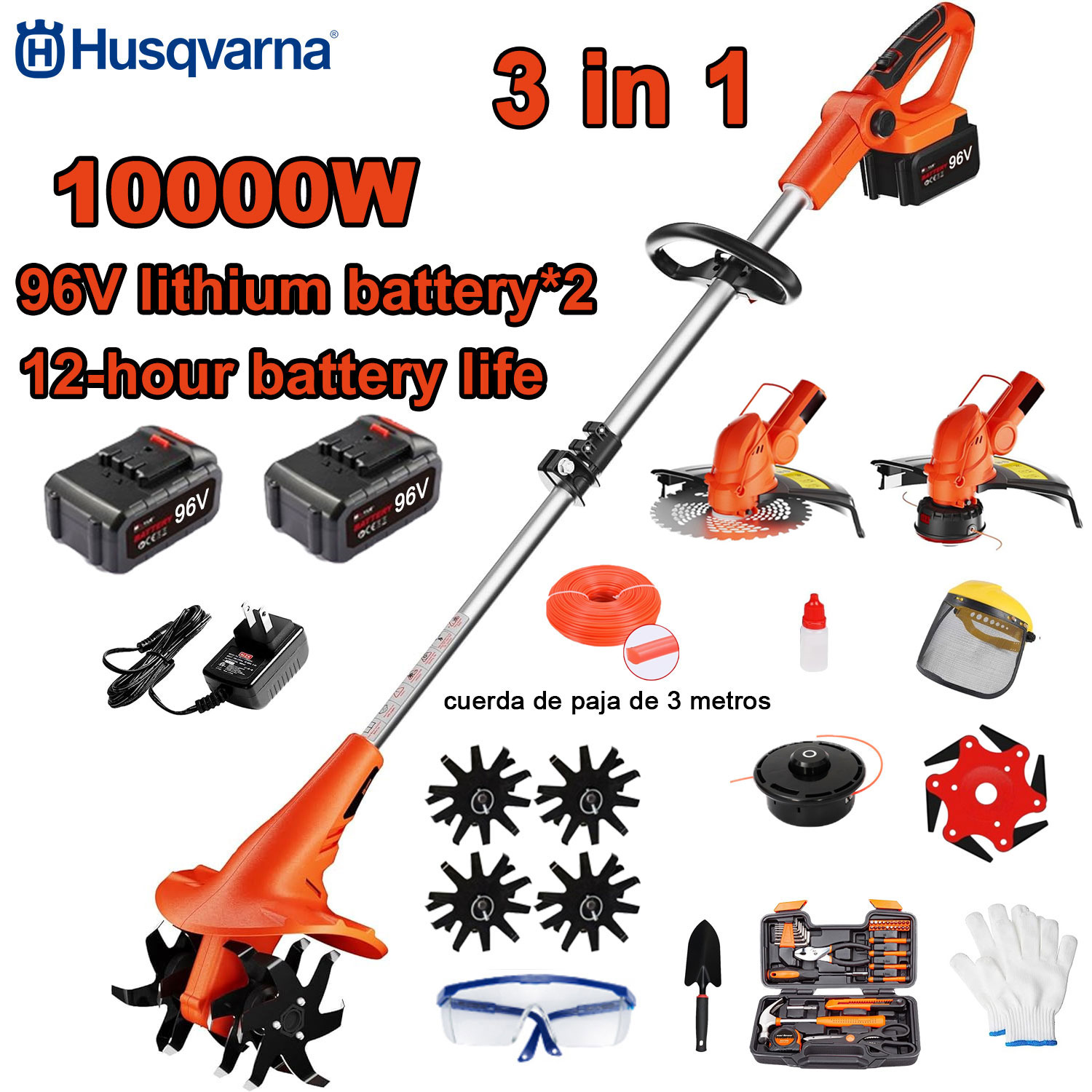 10000 W 3-u-1 kultivator velike snage (košnja, obrada tla, šišanje trave) + 96 V baterija * 2 + brzo punjenje + nož ​​za motokultivator + rezna glava + 3 m reznog užeta * 3 + kosilica za travu * 6, + cijeli set dodataka