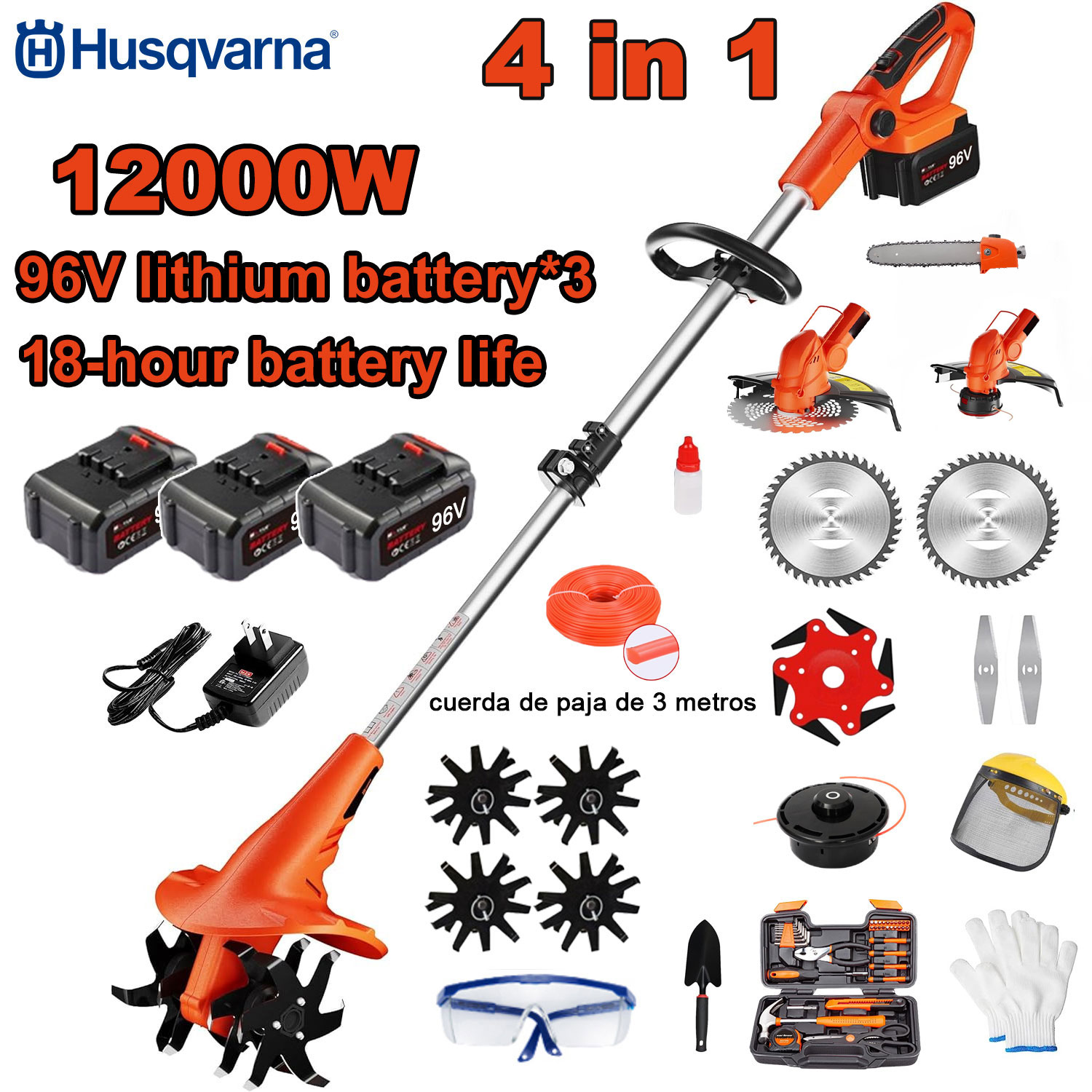 12000 W 4-u-1 električni kultivator (košnja, obrezivanje drveća, oranje, itd.) 96 V baterija*3+brzi punjač+kultivator+rezna glava+3m rezno uže*3+oštrica pile od legure+oštrica*6+ravna oštrica+puni set dodataka
