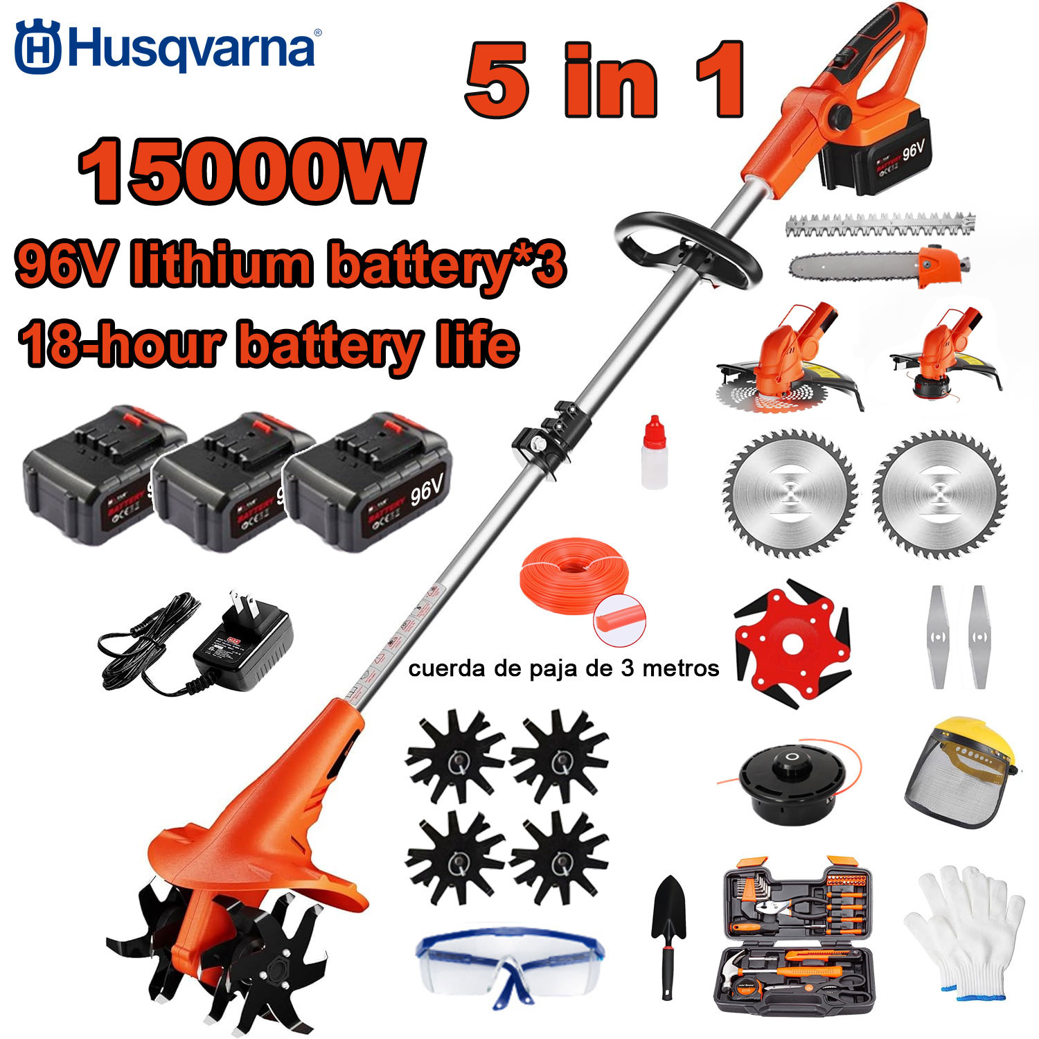 Električni kultivator 5-u-1 od 15000 W (košnja, obrezivanje drveća, oranje, itd.) 96 V baterija*3+brzi punjač+kultivator+rezna glava+3m rezno uže*3+oštrica pile od legure+oštrica*6+ravna oštrica+puni set dodataka