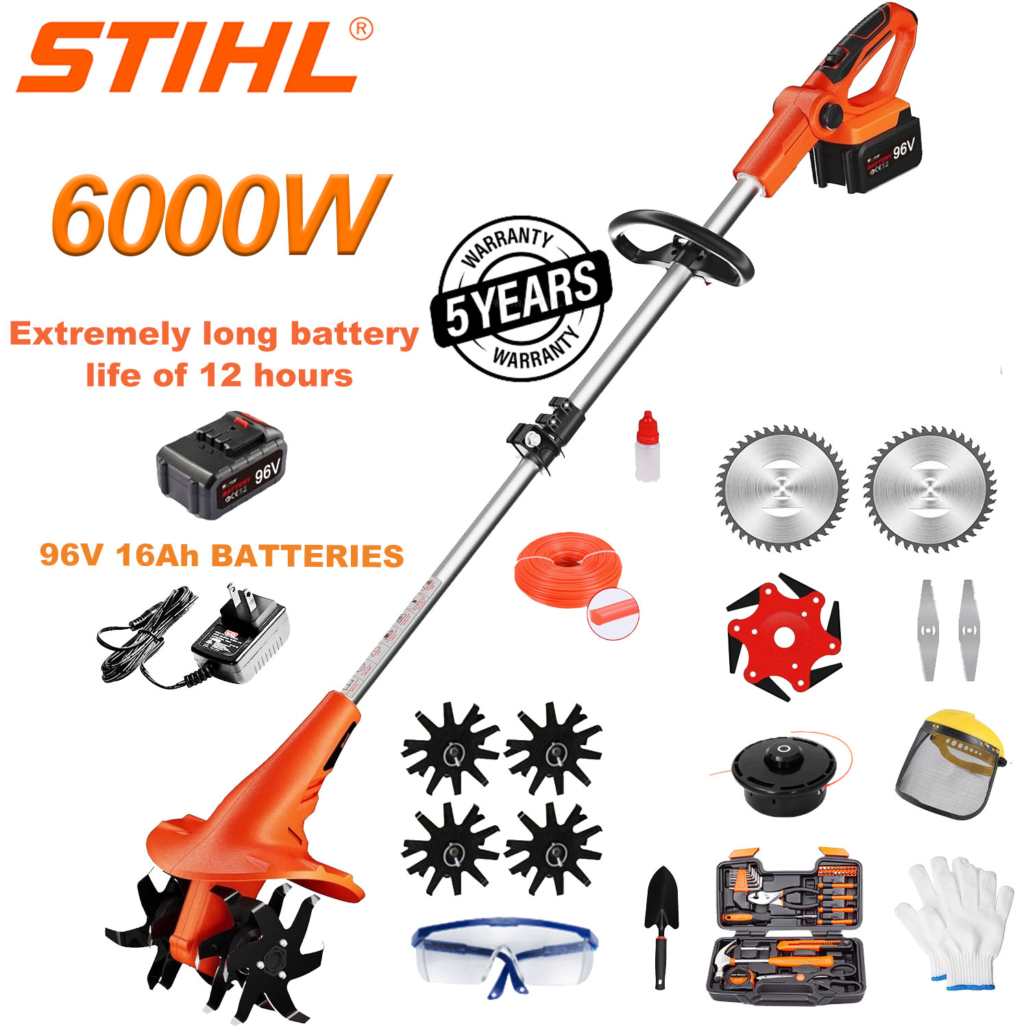 6000W litijska baterija + 96V litijska baterija * 1 + brzi punjač * 1 + glava pluga * 4 + cijeli set pribora