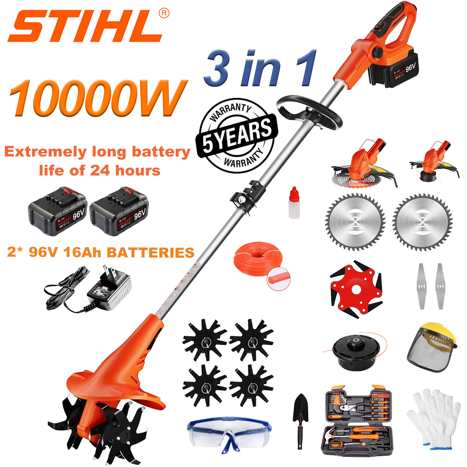 10000 W 3-u-1 stroj za oranje s litijskom baterijom (sječa, rahljenje, košnja) + 96 V litijska baterija * 2 + brzi punjač * 1 + glava za oranje * 4 + rezna glava * 2 + nož ​​od legure * 1 + rezna glava * 1 + 3 m reznog užeta * 1 + cijeli set pribora