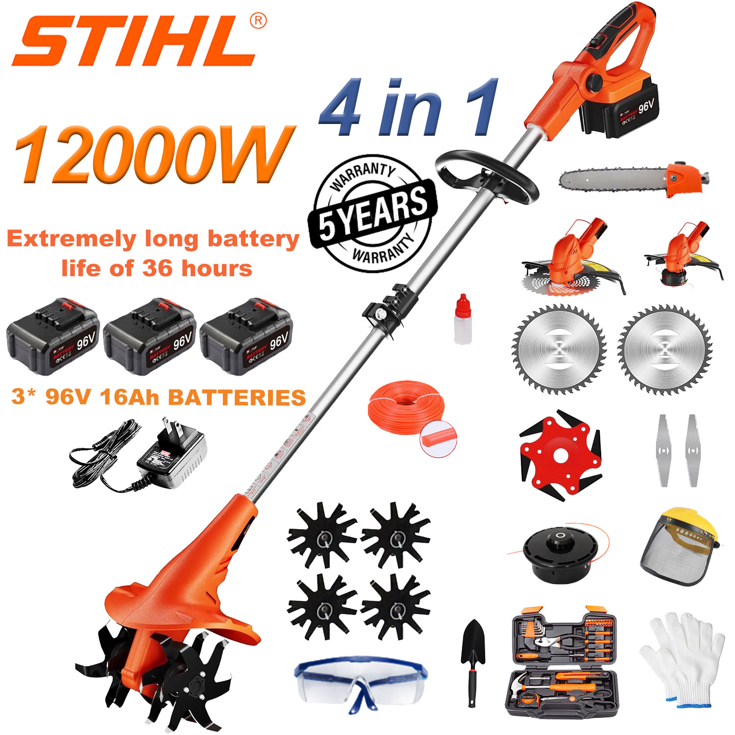 12000W litijska baterija 4-u-1 mikro freza (košnja, obrezivanje drveća, rad itd.) + 96 V litijska baterija * 3 + brzi punjač * 1 + glava pluga * 4 + glava za rezanje * 2 + nož ​​od legure * 1 + kružni nož * 2 + ravni nož * 3 + glava pile + glava za rezanje * 1 + 3 m dodaci za rezanje