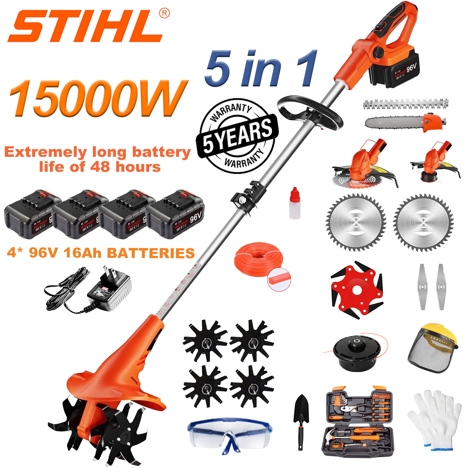 15000 W 5-u-1 litijska baterijska freza (za rušenje drveća, obrezivanje grana, obradu tla, itd.) + 96 V litijska baterija*4 + brzi punjač*1 + glava pluga*4 + glava rezača*2 + nož ​​od legure*1 + kružni nož*2 + ravni nož*2 + glava pile + spiralna glava + glava rezača*1+3 dodatna oprema + rezač glava*1+3 pribor